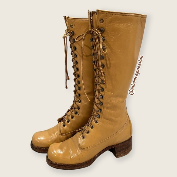 1960 VINTAGE Frye Campus Lug Lace Up Yellow Tan Banana Vintage Leather Tall Boot - Picture 11 of 15